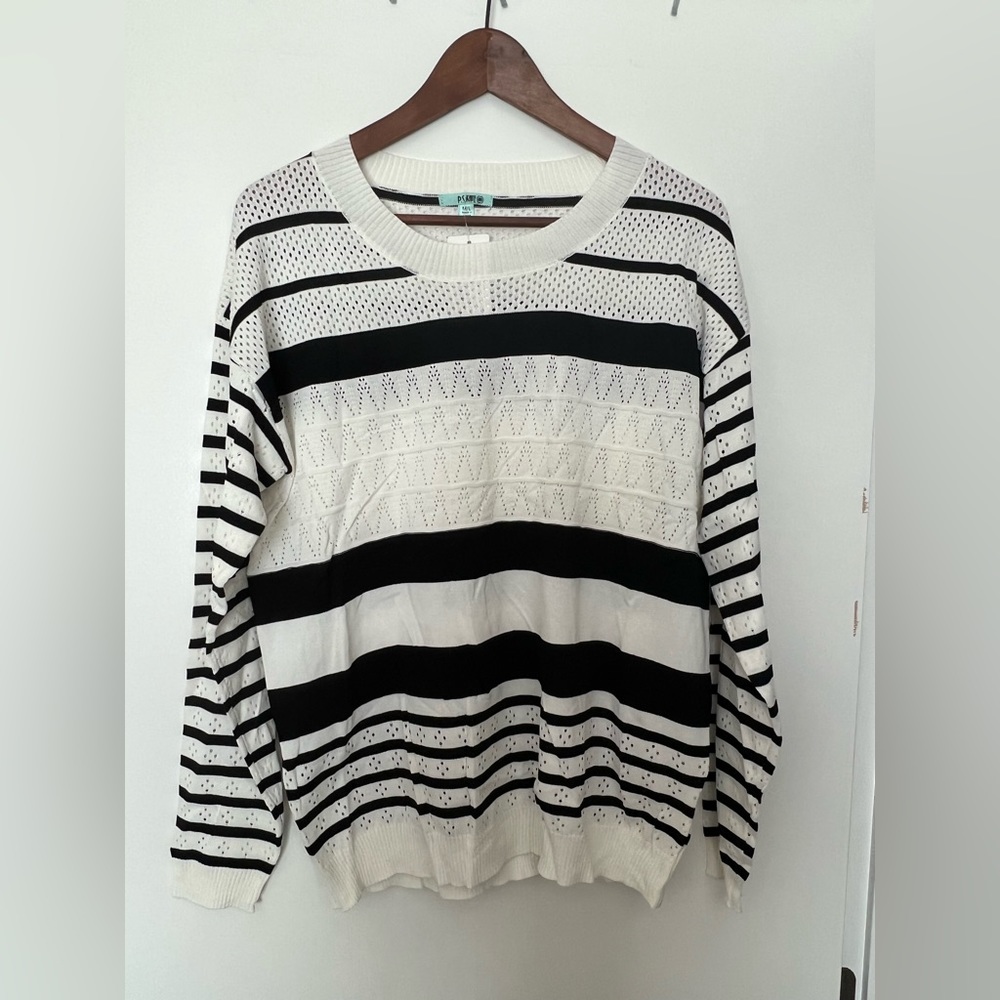White and Black striped light weight long sleeve sweater.